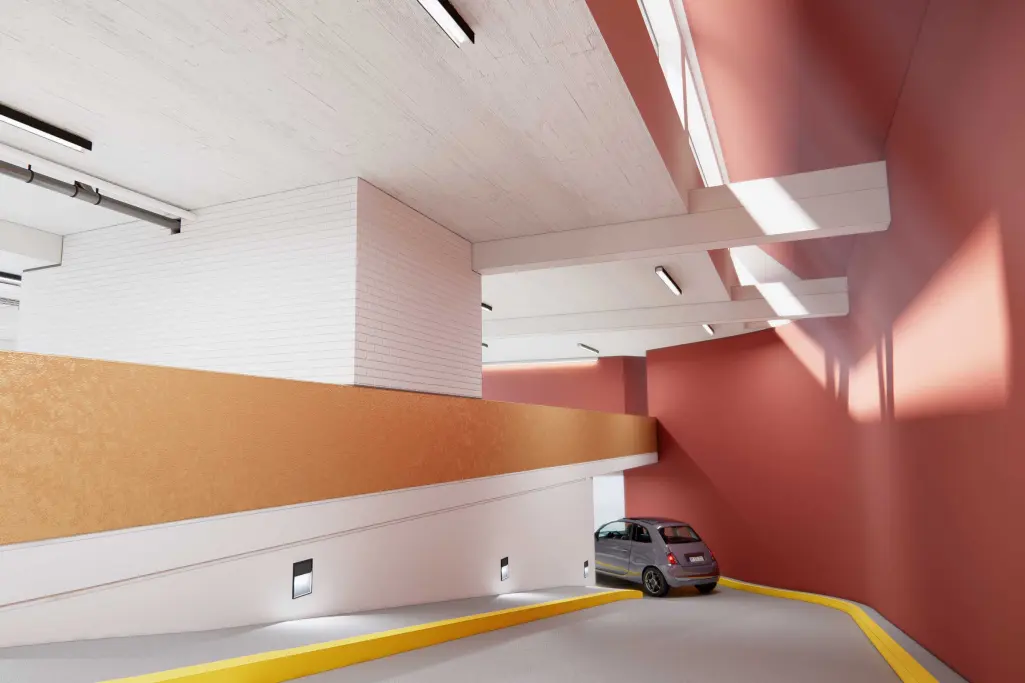 Parkhaus Montabaur Rendering StoDesign in Orange-Rot