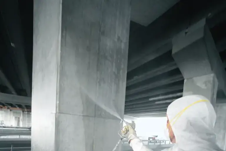 Betonwand wird mit einem hydrophobierendenden Spray vor Wasser geschützt