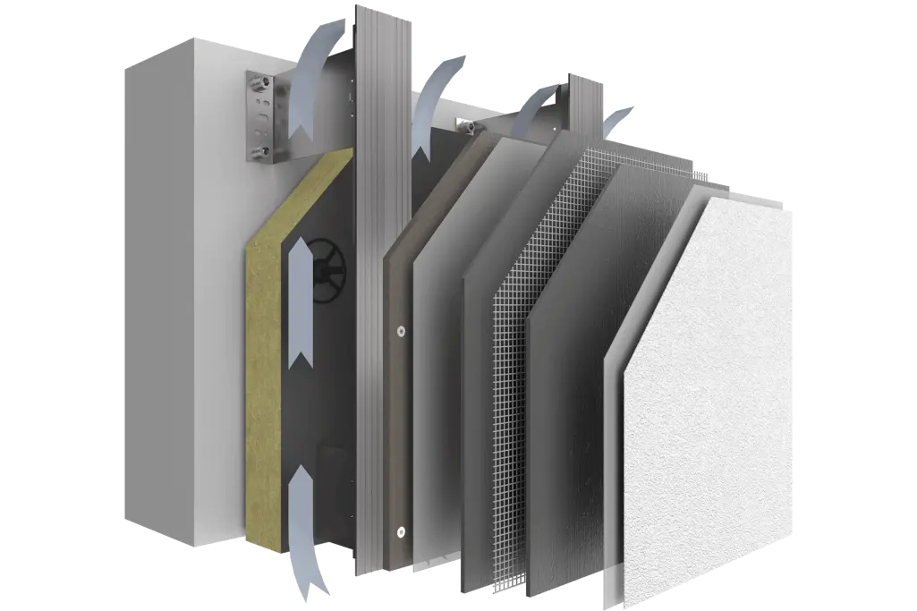VHF-Systemaufbau mit Putzträgerplatte Steinwolle, Schlussbeschichtung Putz: StoVentec R