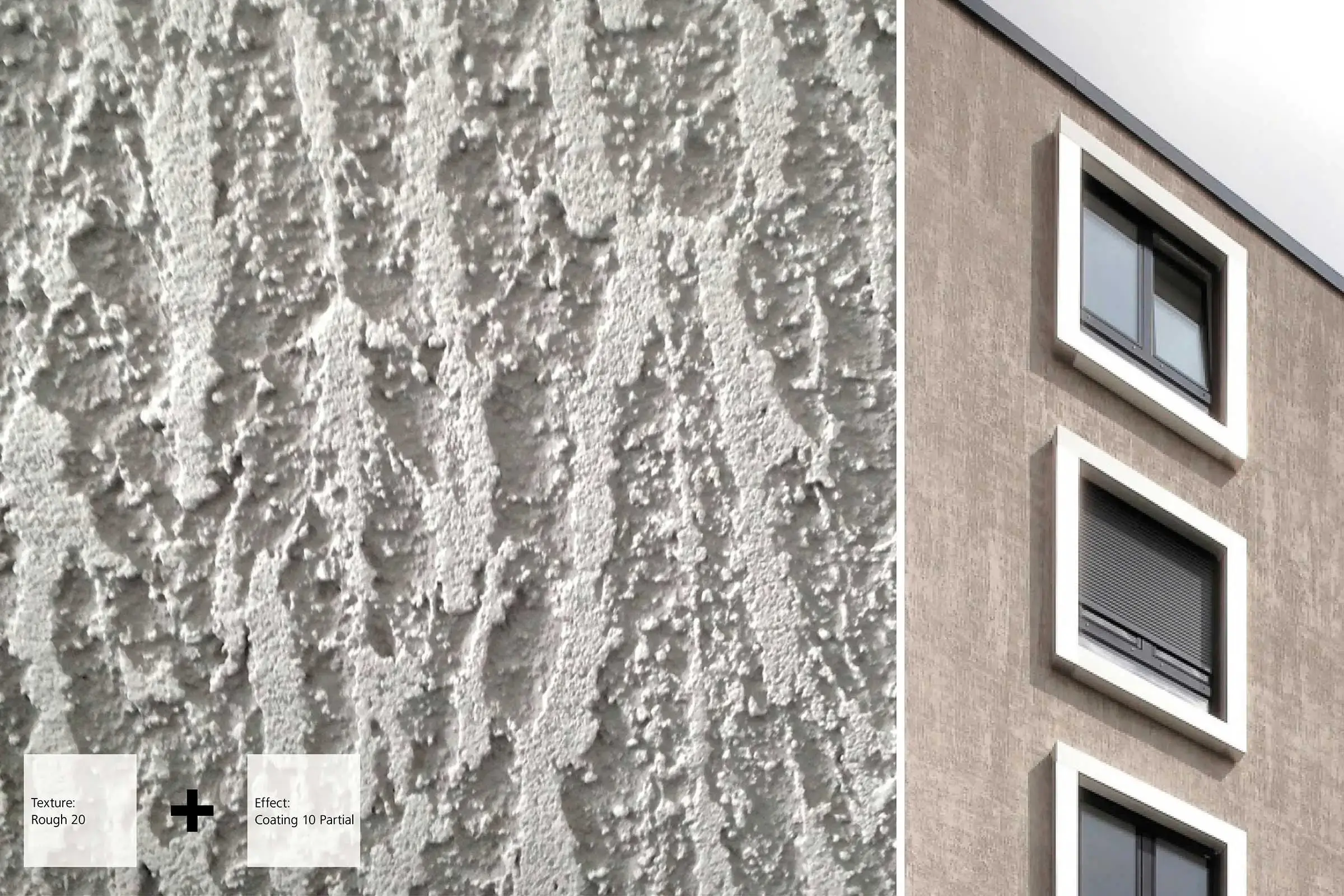 Facciata con intonaco grezzo e vista dettagliata accanto, struttura intonacata con rivestimento