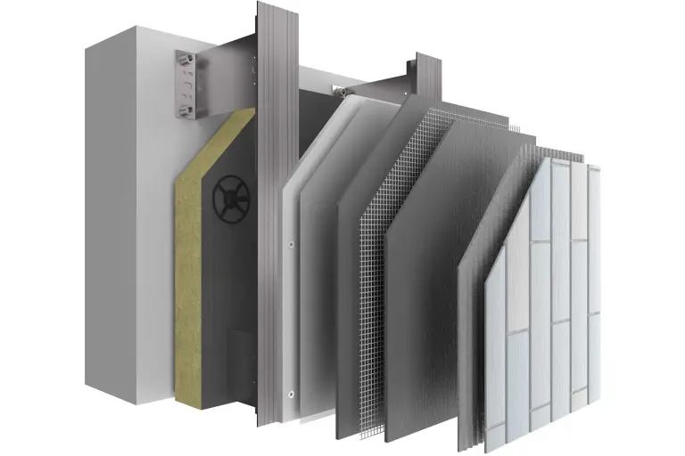 Vorgehängte hinterlüftete Fassade. Systemaufbau StoVentec C mit allen Schichten und Keramik als Schlussbeschichtung