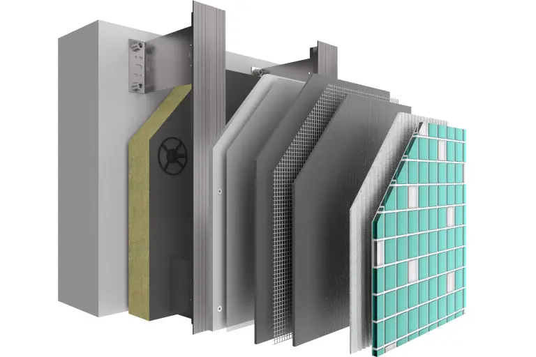 Vorgehängte hinterlüftete Fassade. Systemaufbau StoVentec M mit allen Schichten und Glasmosaik als Bekleidung