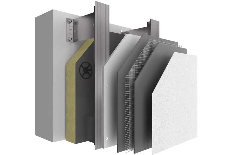 Vorgehängte hinterlüftete Fassade, Systemaufbau StoVentec R mit allen Schichten und Putzoberfläche