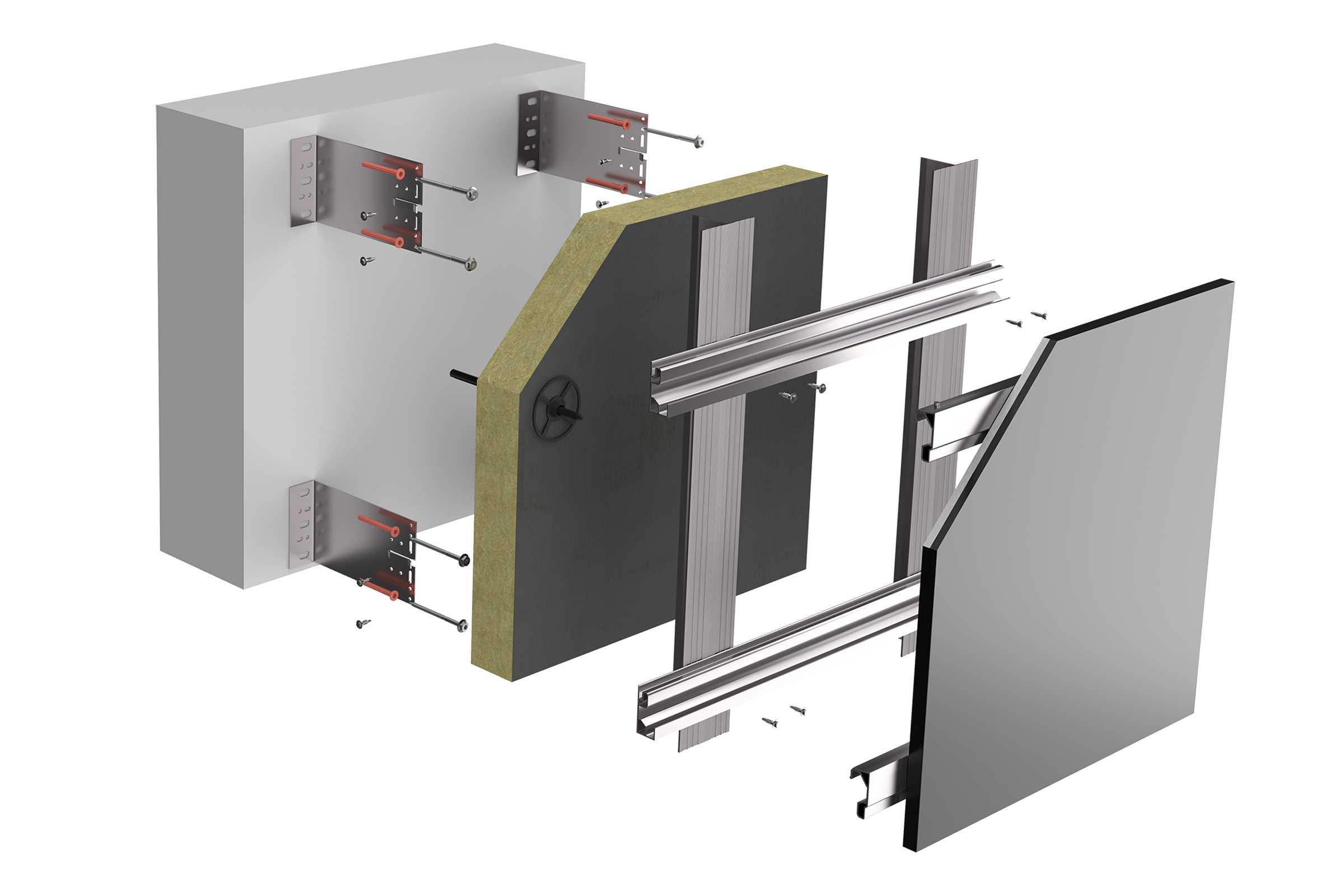 Dämmung hinterlüftete Fassade. Systemaufbau VHF StoVentec Glass mit allen Schichten 