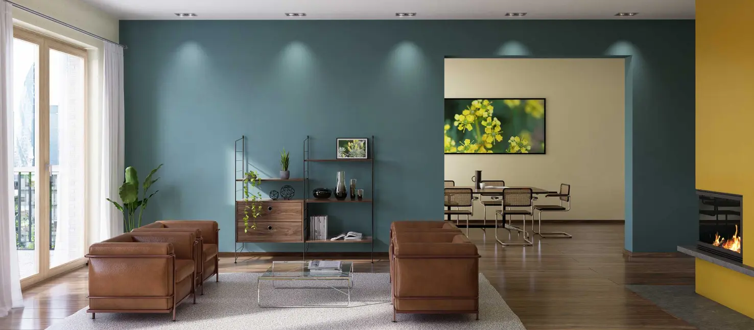 Moderne Wandfarben im Wohnbereich, kontrastreiche frische Farbtöne in Grün und Gelb 