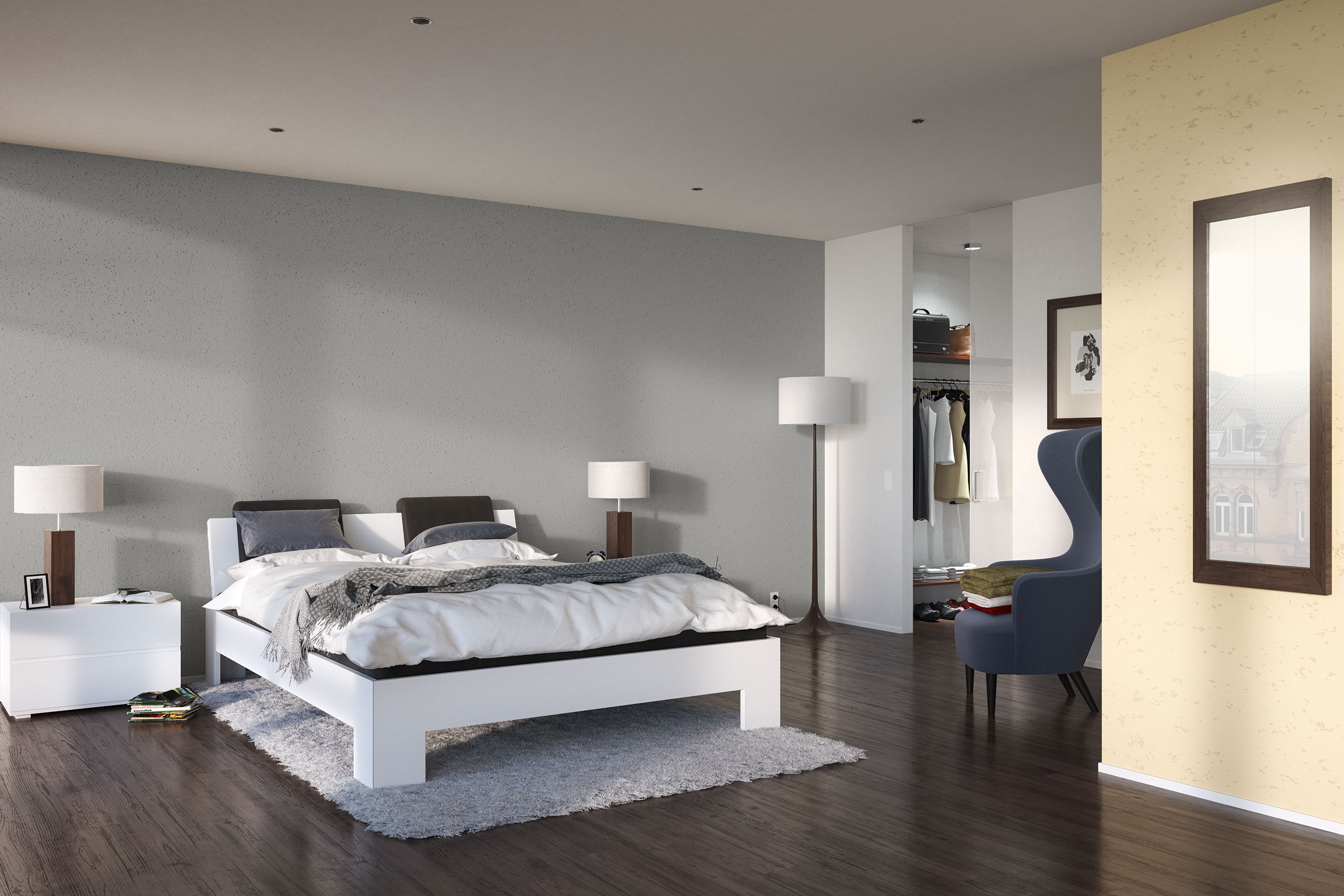 Interno, camera da letto, pareti con prodotti StoCalce