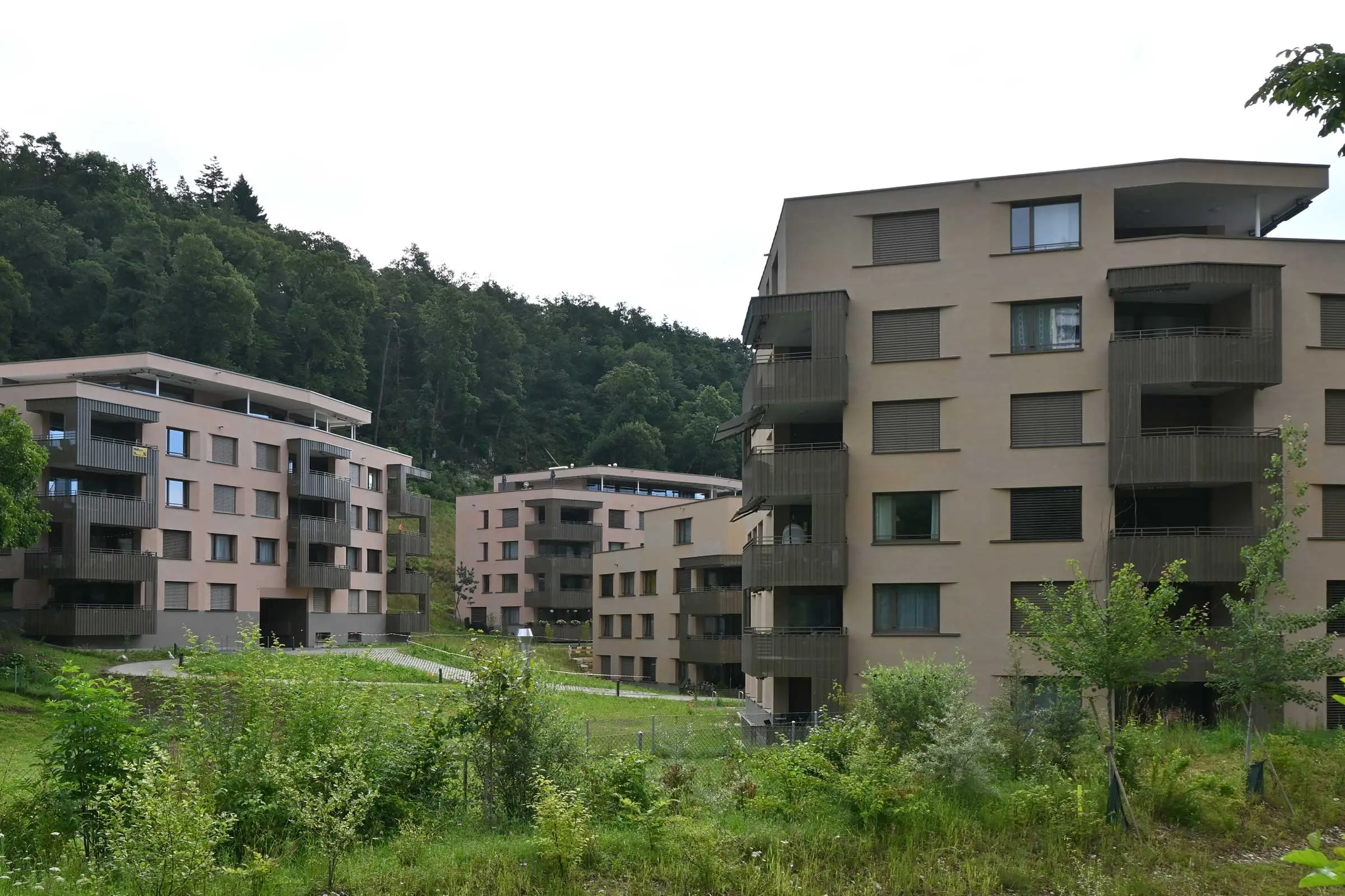 Ansicht von vorne, mehrere Mehrfamilienhäuser mit brauner Fassadenfarbe und braunen Balkonen