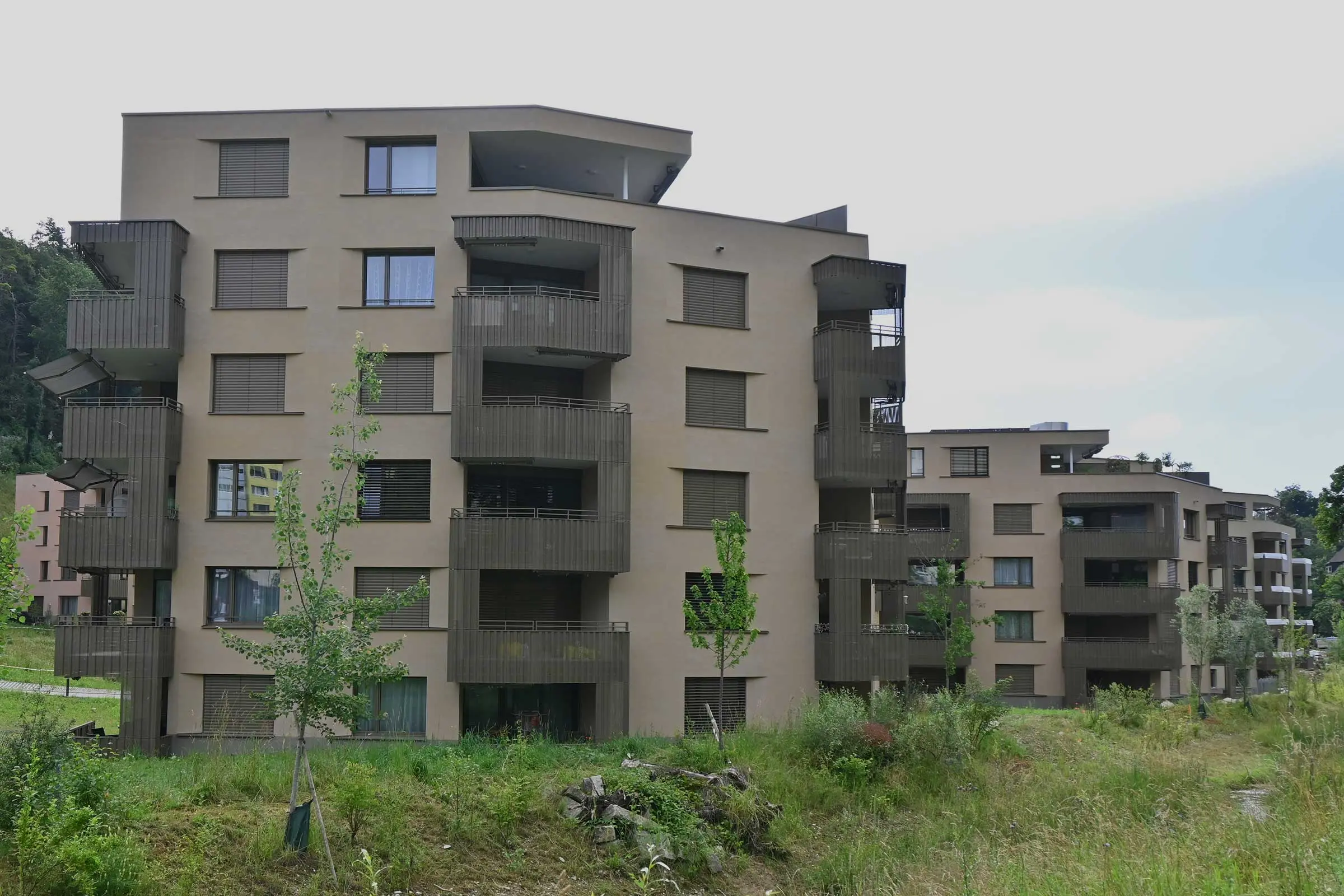 Frontalansicht MFH in braun mit weiteren MFH im HIntergrund