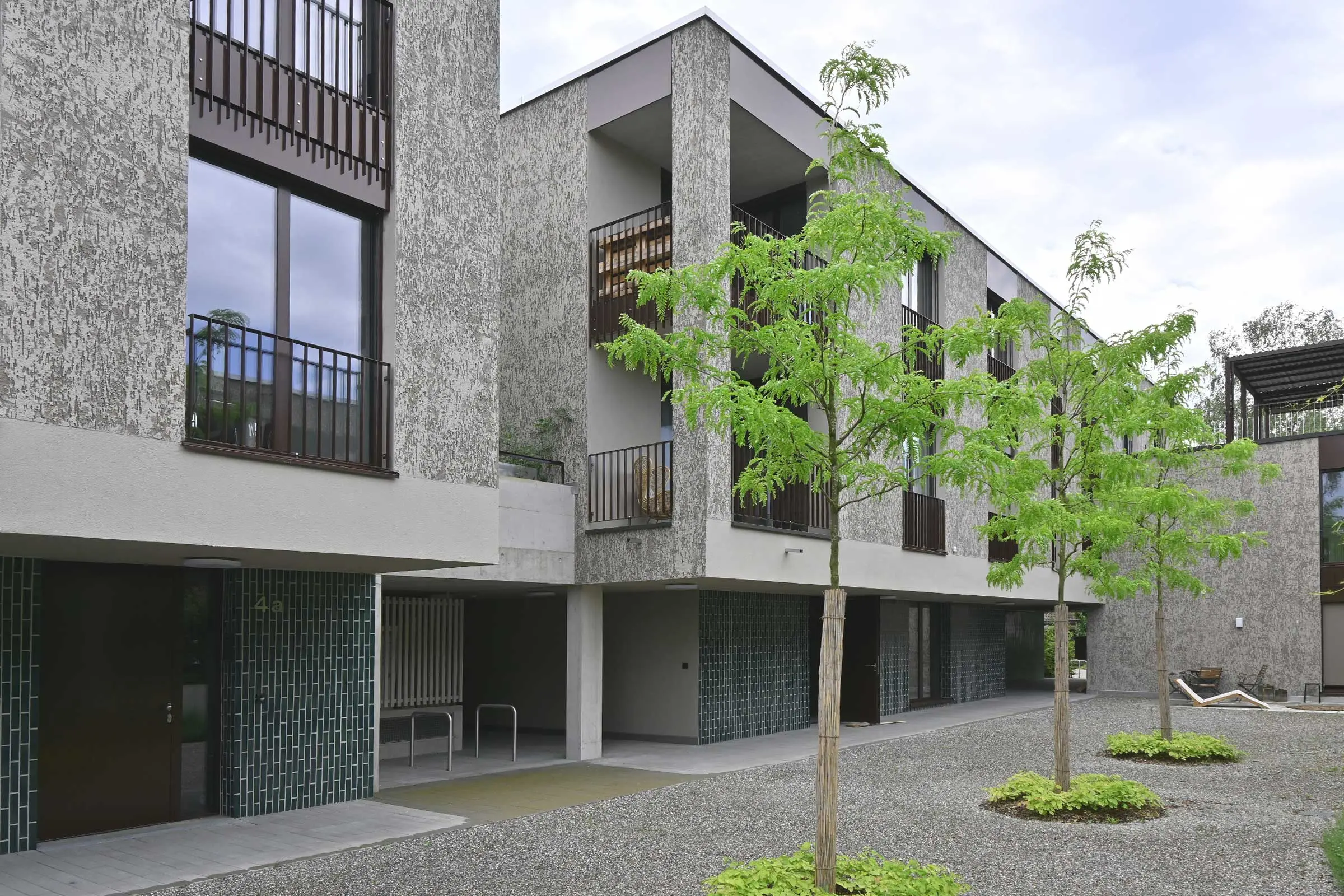 Zwei Mehrfamilienhaus mit einer Baumreihe davor mit Fassadenbeschichtung braun/beige