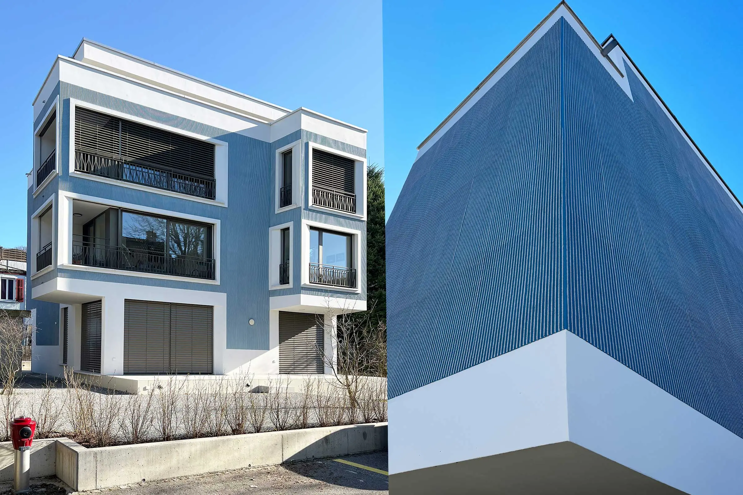 Front und Eckansicht von Mehrfamilienhaus mit blauer Fassade und weissen Fesnterumrandungen