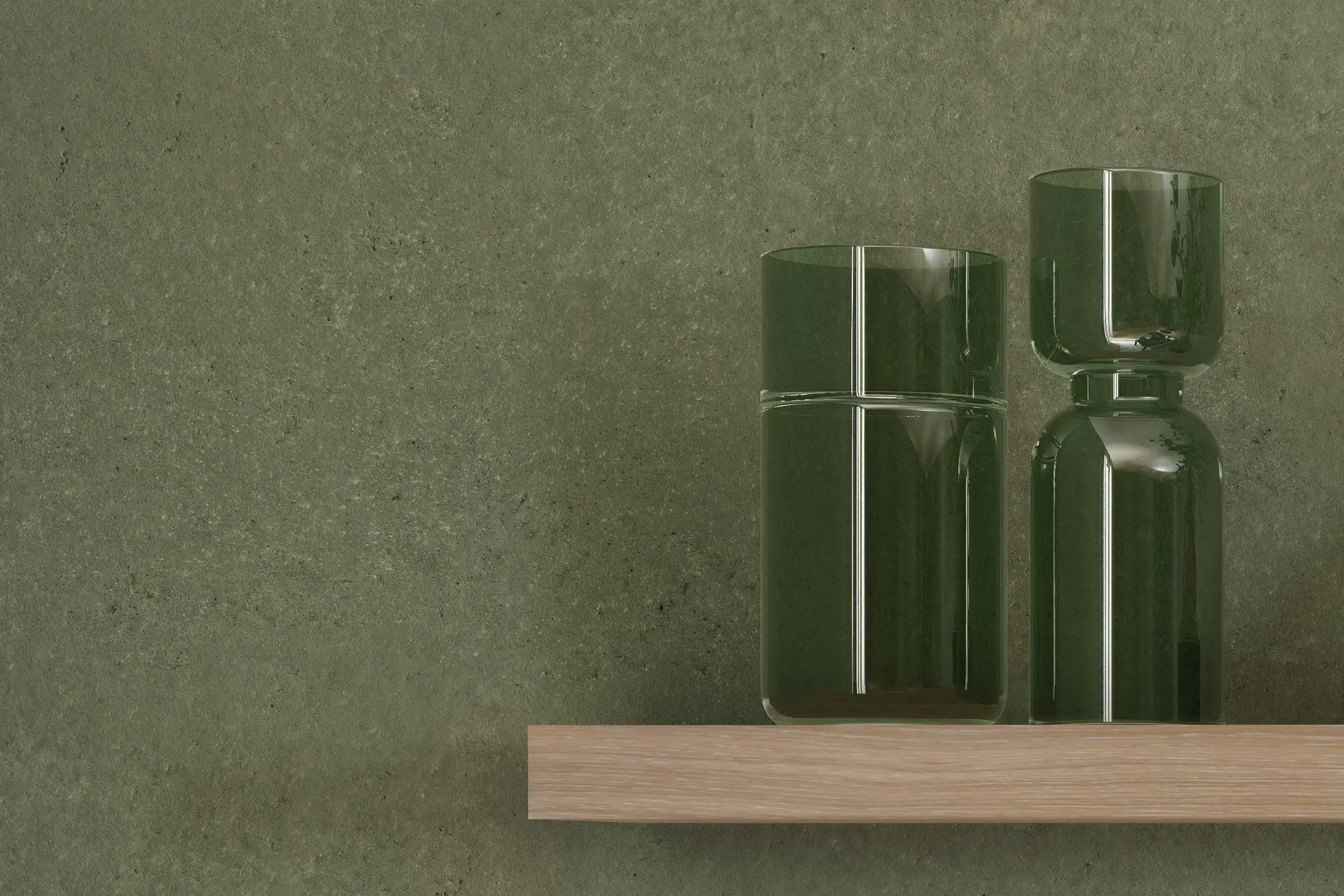 Essbereich, Detail Regal mit Dekovasen vor Wand in Grün, gestaltet mit Interior Colors 24+ von Sto