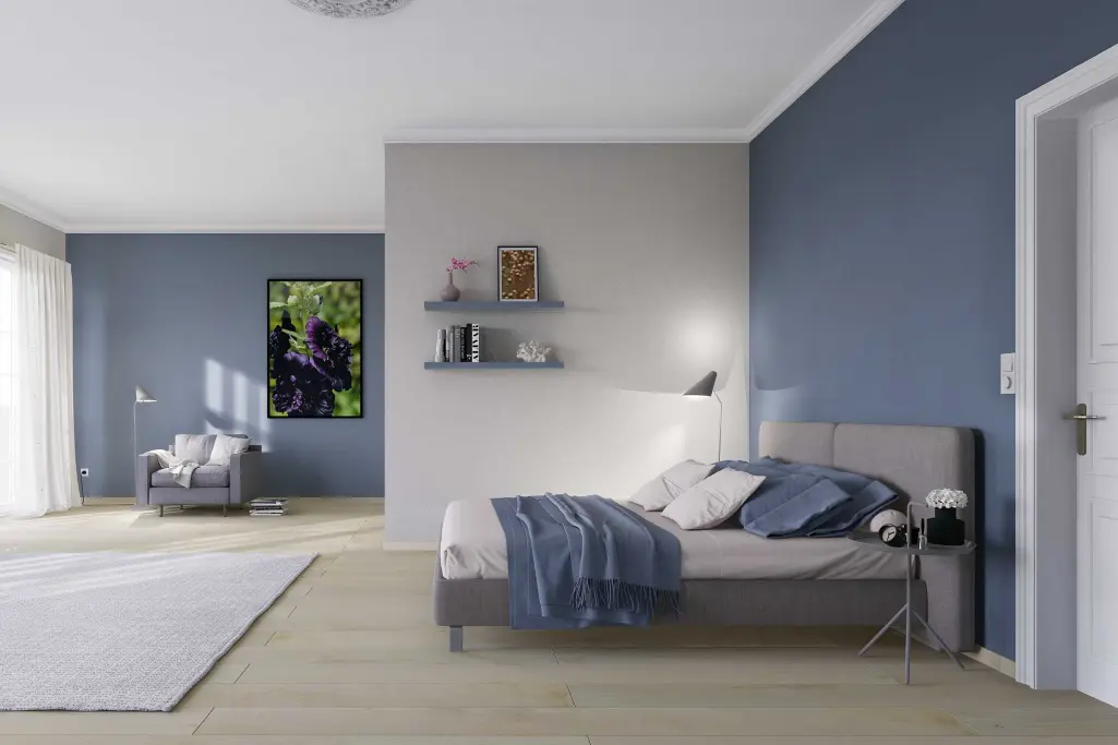 Schlafzimmer, gestaltet in den Naturfarbtönen der Interior Colors 24+ von Sto