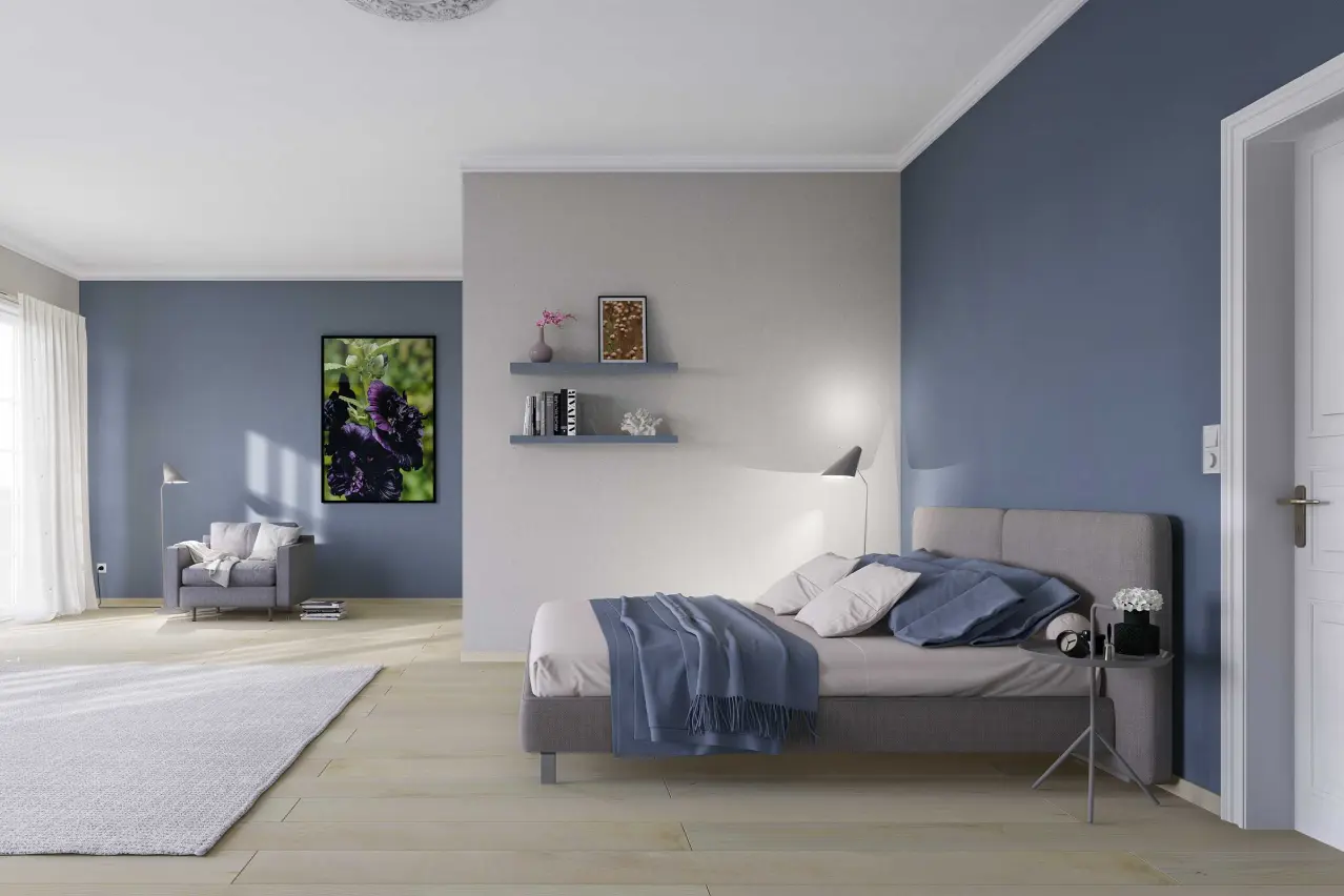 Schlafzimmer in Blau und Weiss, Farbgebung mit den Farbtönen Interior Colors 2024+ von Sto