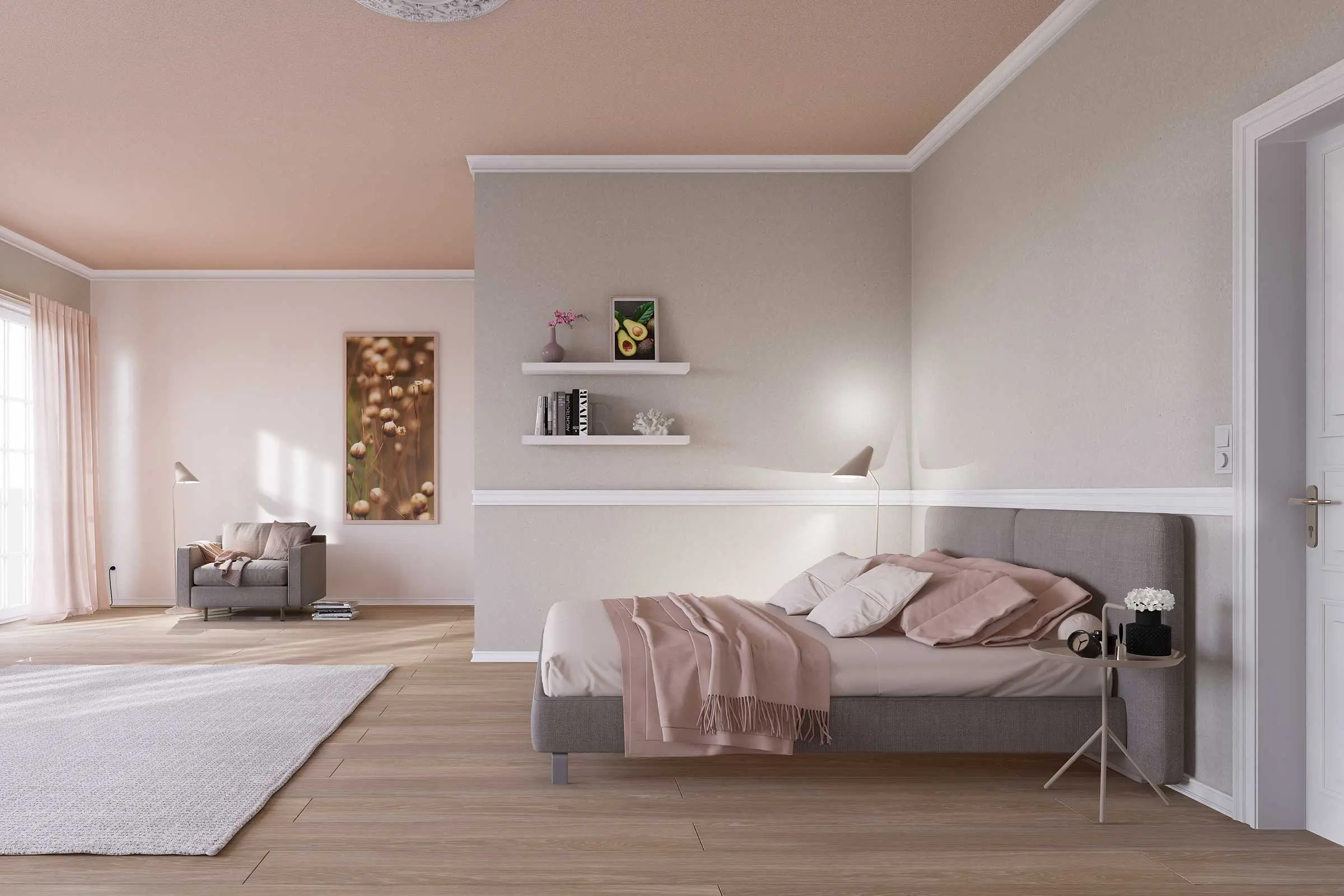 Schlafzimmer 3 in Rosetönen, gestaltet mit den Farbtönen der Interior Colors 24+ Sto