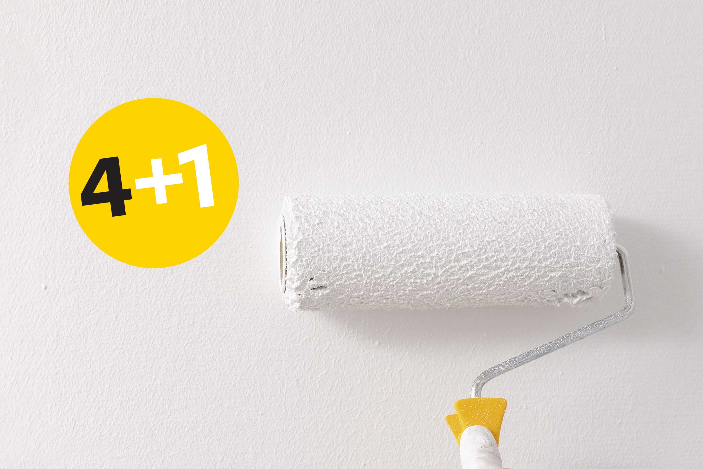 Farbroller mit weisser Farbe und Aktionshinweis