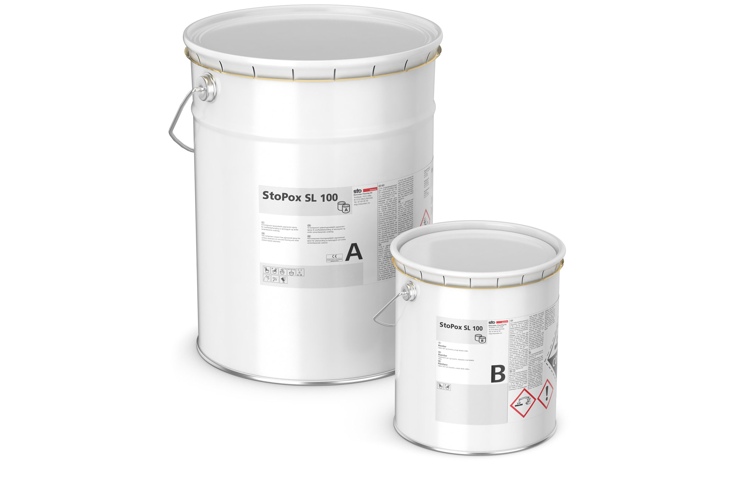 Abbildung von zwei Dosen Bodenbeschichtung StoPox SL 100