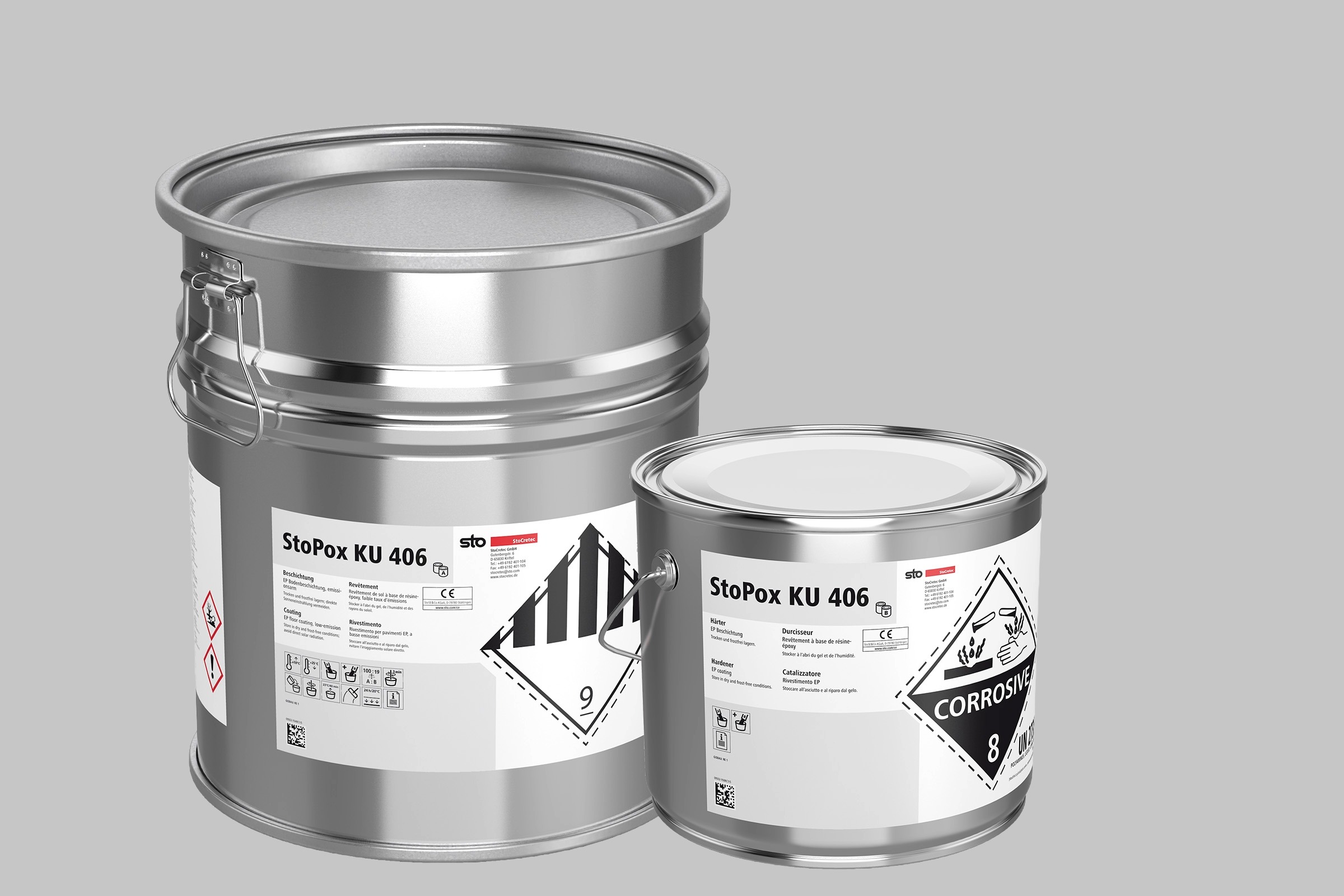 Eine grosse und eine kleine Dose der Bodenbeschichtung StoPox KU 406