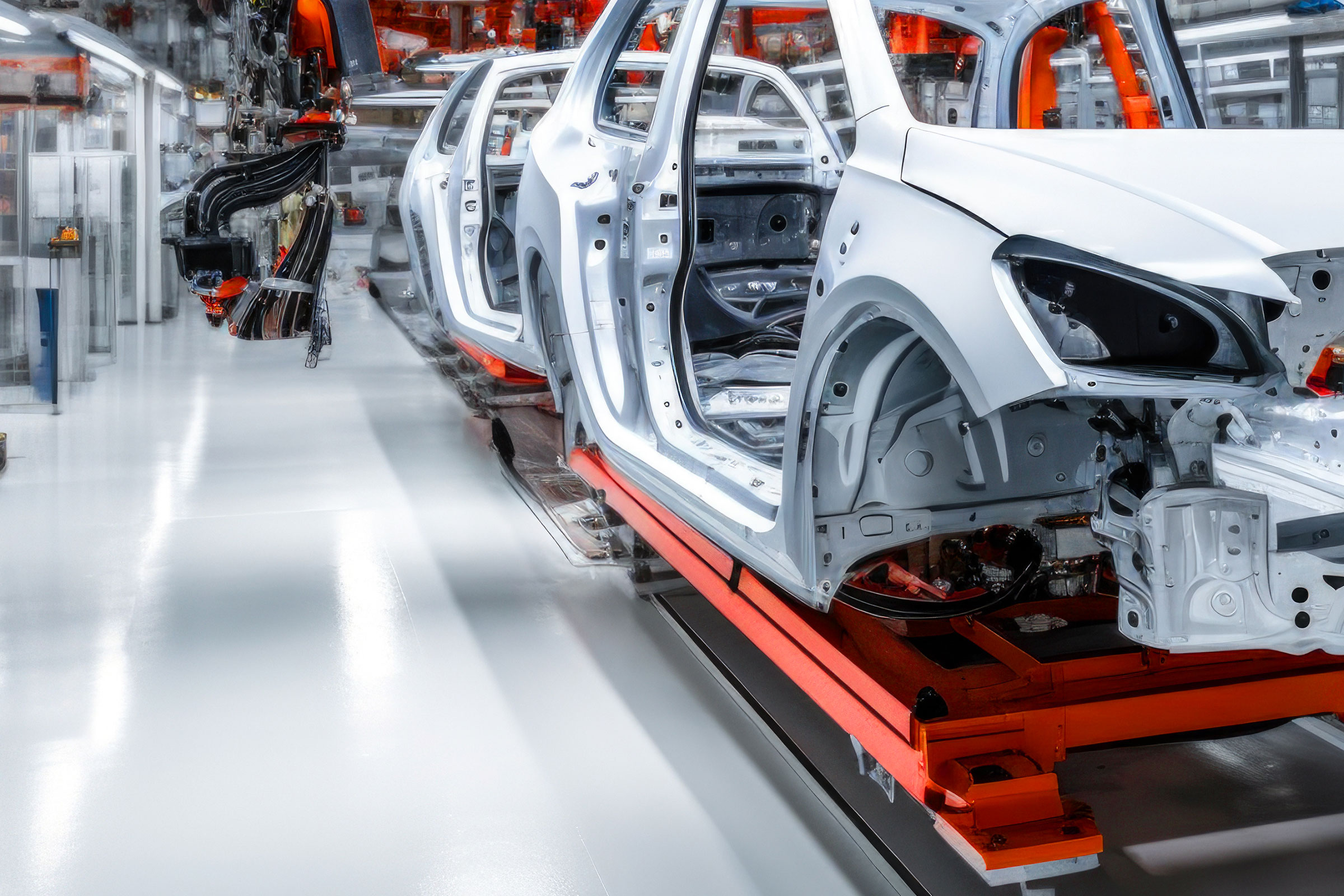 Pavimento chiaro in un capannone di produzione di una casa automobilistica