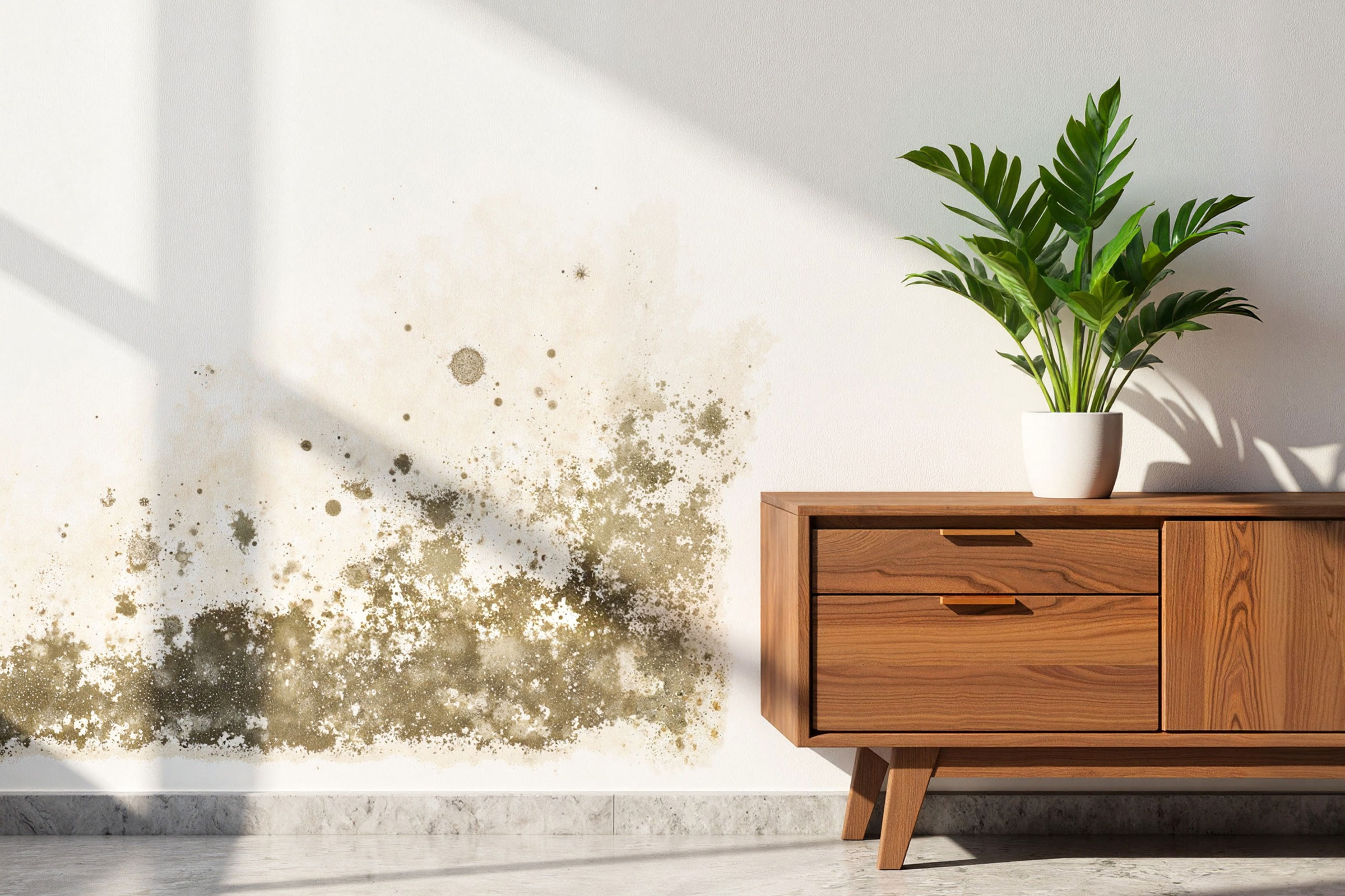 Stanza con muffa su una parete interna bianca e cassettiera in legno di fronte ad essa