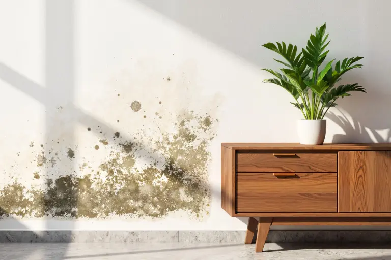 Zimmer mit Schimmel an einer weissen Innenwand und einer Holzkommode davor 