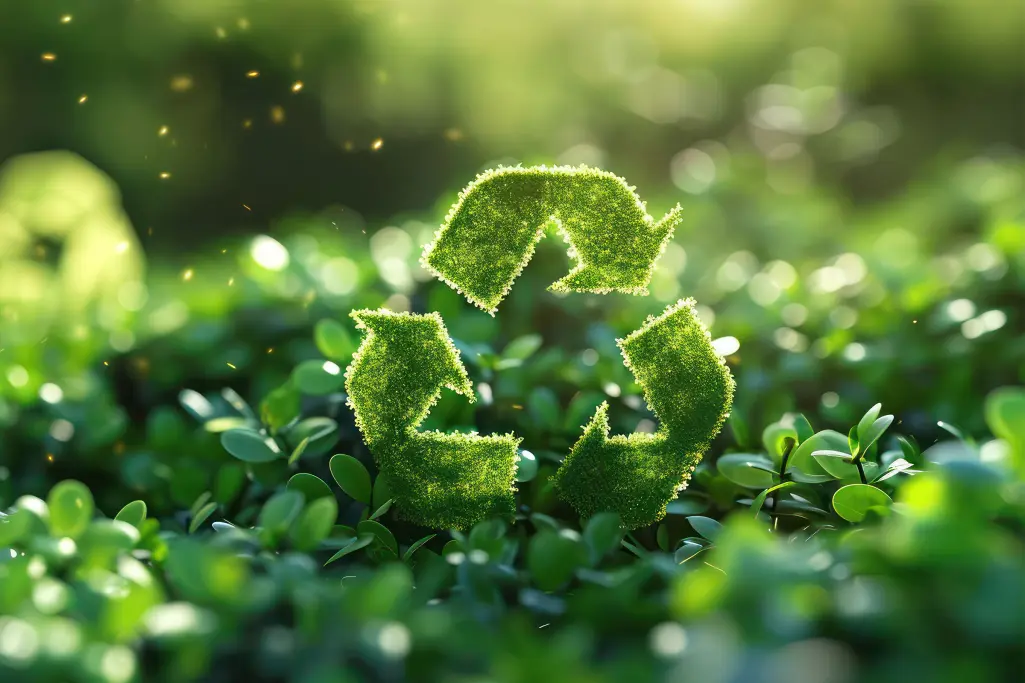 Bild mit grüner Pflanze und drei grünen Pfeilen im Kreis als Symbol für Wiederverwertung 