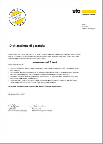 Foglio di copertina dichiarazione di garanzia